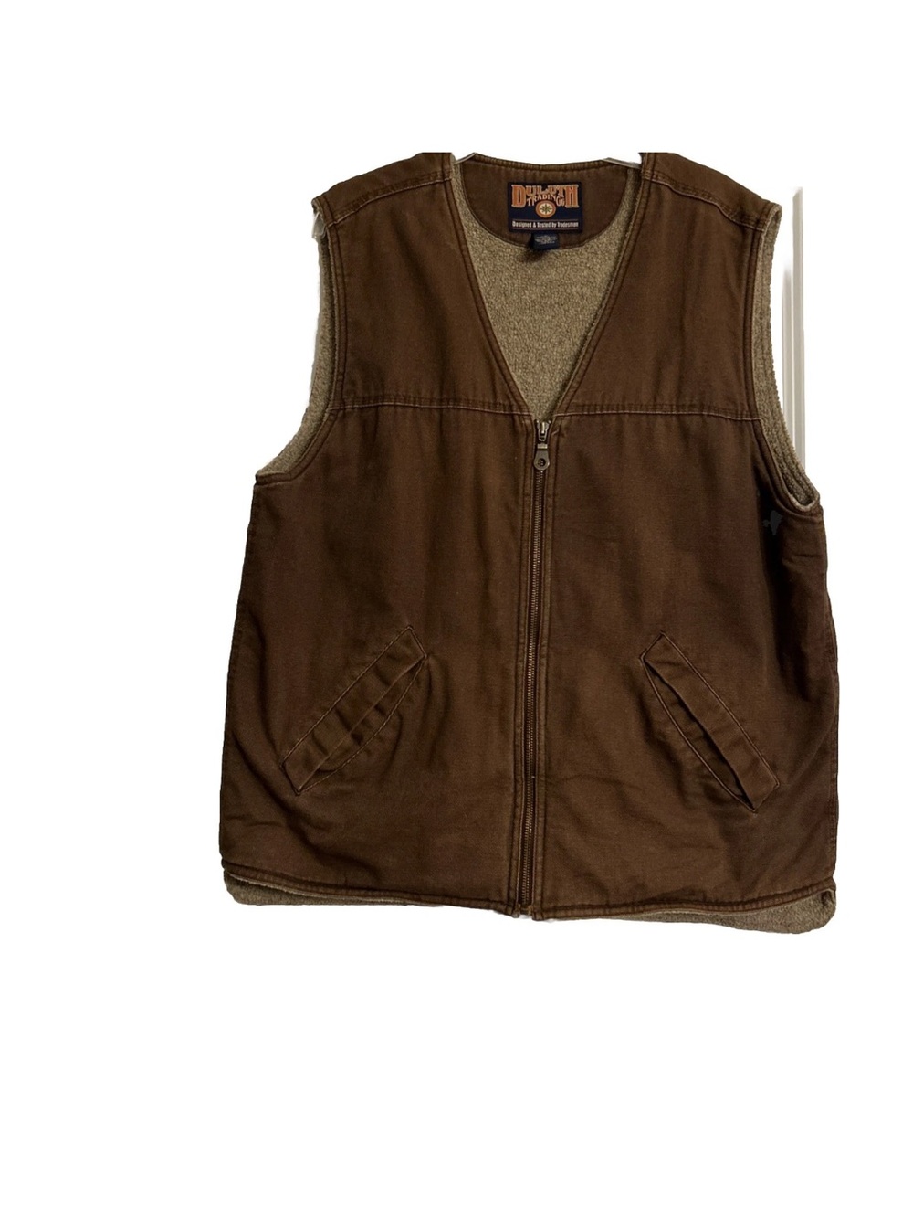 Duluth Trading Men Brown Canvas Sherpa Lined Work Vest Full Zip Heavy Duty Sz L
